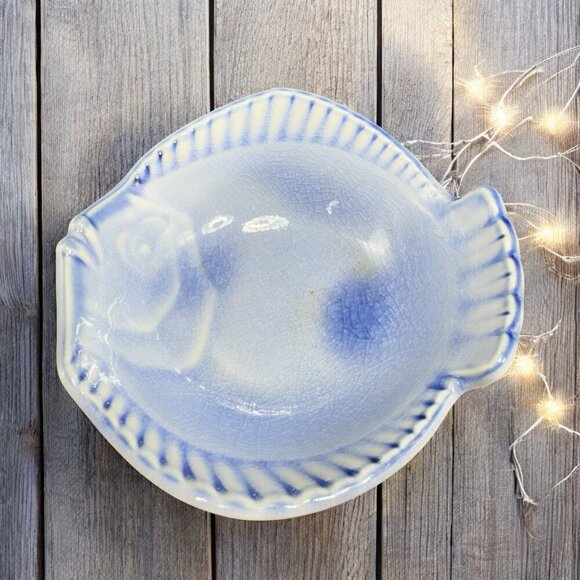 Blue Glazed Japanese Pottery Fish Dish Sushi Dip Plate Dish Bowl Small Stamped - Picture 9 of 13